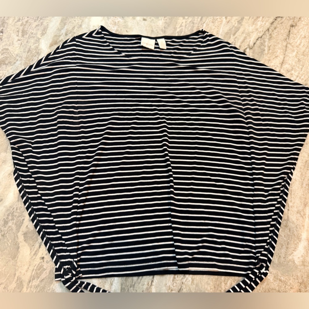 Chicoโs 2 Stripe Tie Shoulder Tank Top Black White Sharkbite Hem Rayon Spandex L